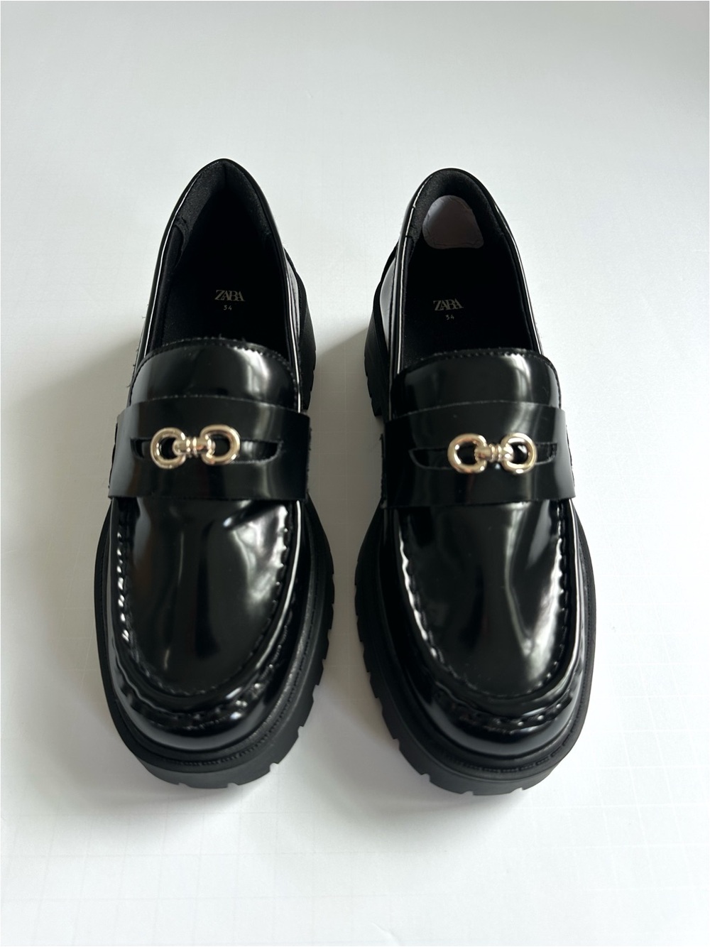 Zara Black Patent Loafers with Gold Bit Detail